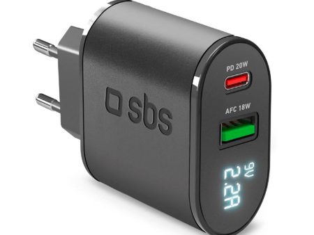 SBS 20W LCD Vægoplader m. USB-C PD & USB-A AFC - Sort Discount