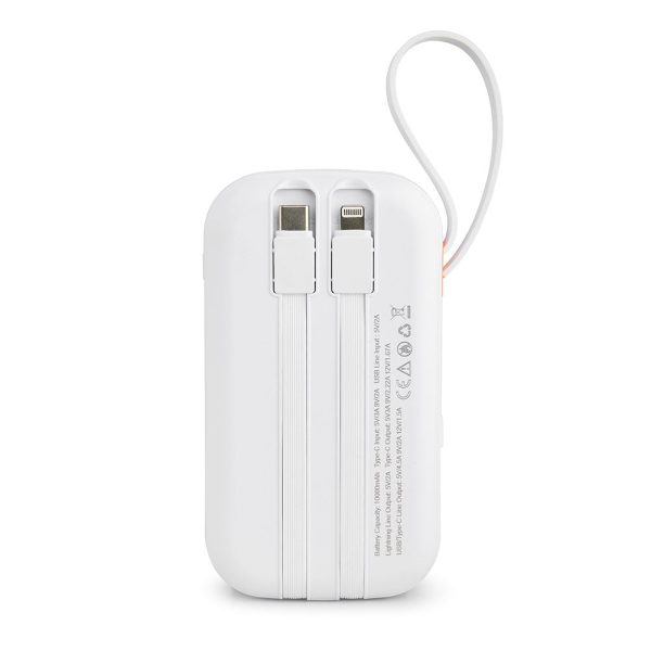 Xceed Powerbank - 10.000 mAh - Indbyggede Kabler - Hurtig Opladning - Hvid Hot on Sale